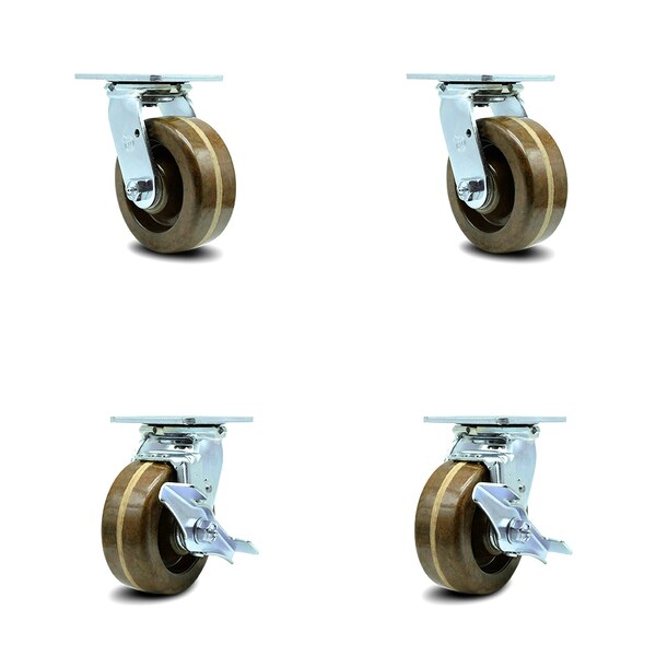 5 Inch High Temp Phenolic Swivel Caster Set with Roller Bearings 2 Brakes SCC